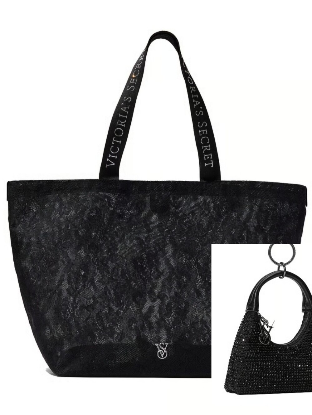 Victoria's Secret Black Lace Tote and Rhinestine Mini Charm